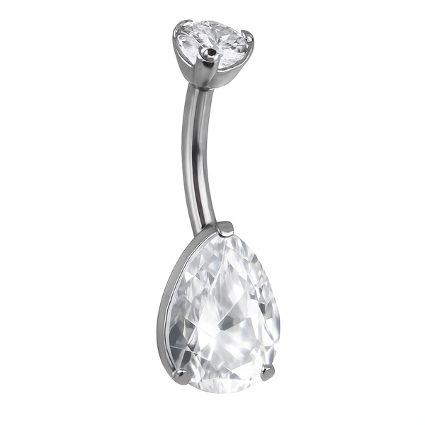 Piercing nombril goutte opale zircon argenté — pendentif larme transparente