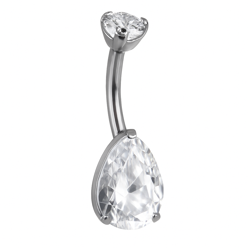 Piercing nombril goutte opale zircon argenté — pendentif larme transparente