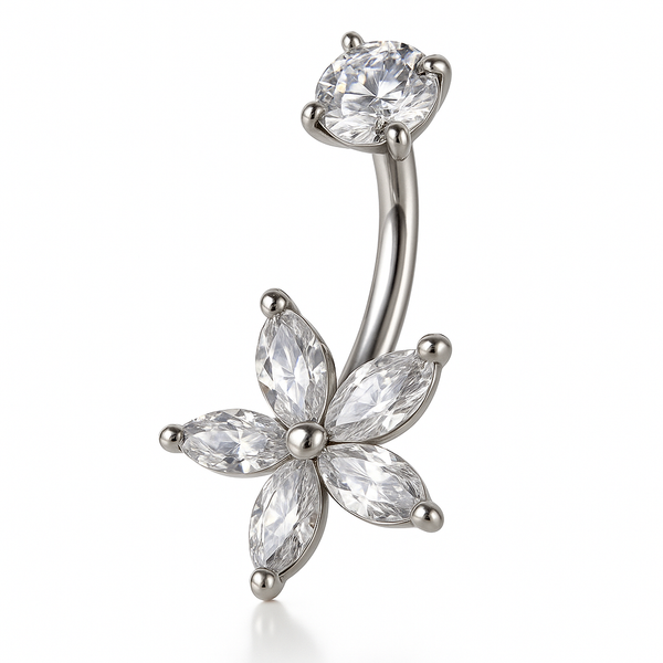 Piercing nombril fleur 4 pétales zircon argenté — design moulin à vent