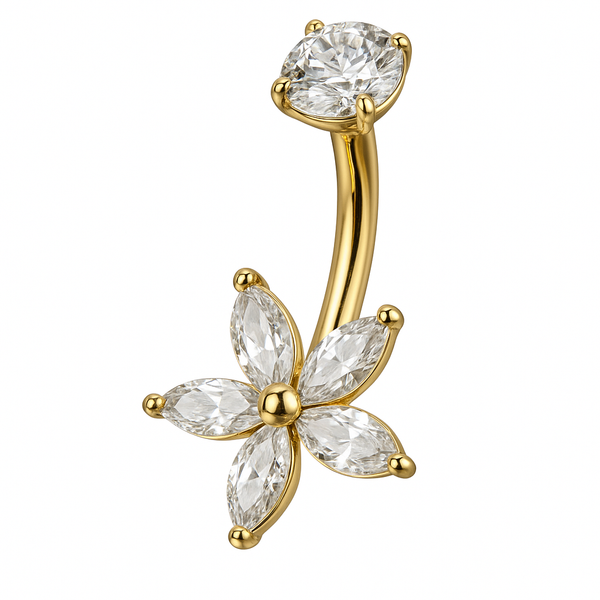 Piercing nombril fleur 4 pétales zircon doré — design moulin à vent