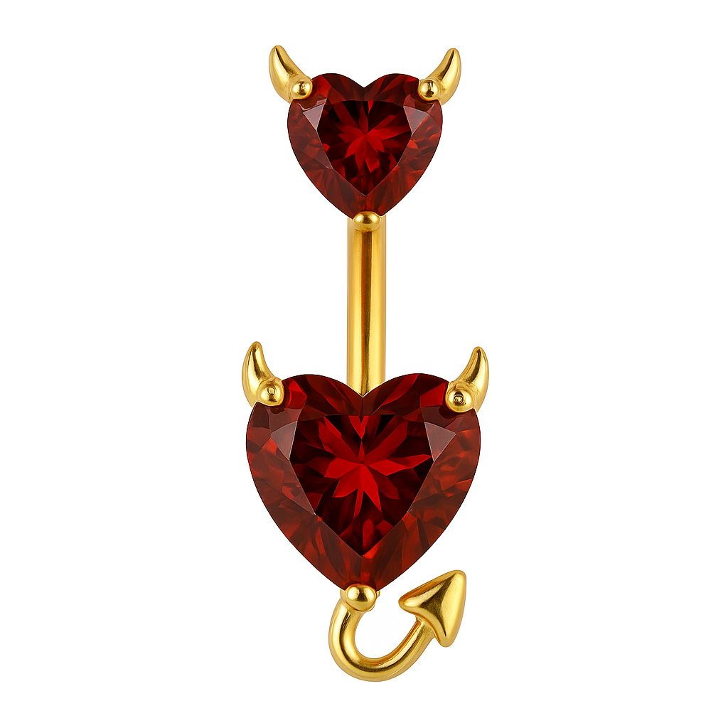 Piercing nombril double cœur diable rouge doré — 2 zircons cœur rouges