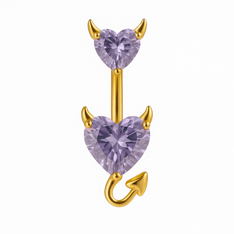 Piercing nombril double cœur diable violet doré — zircons lavande