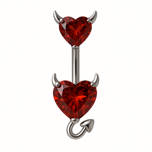 Piercing nombril double cœur diable rouge argenté — 2 zircons cœur rouges