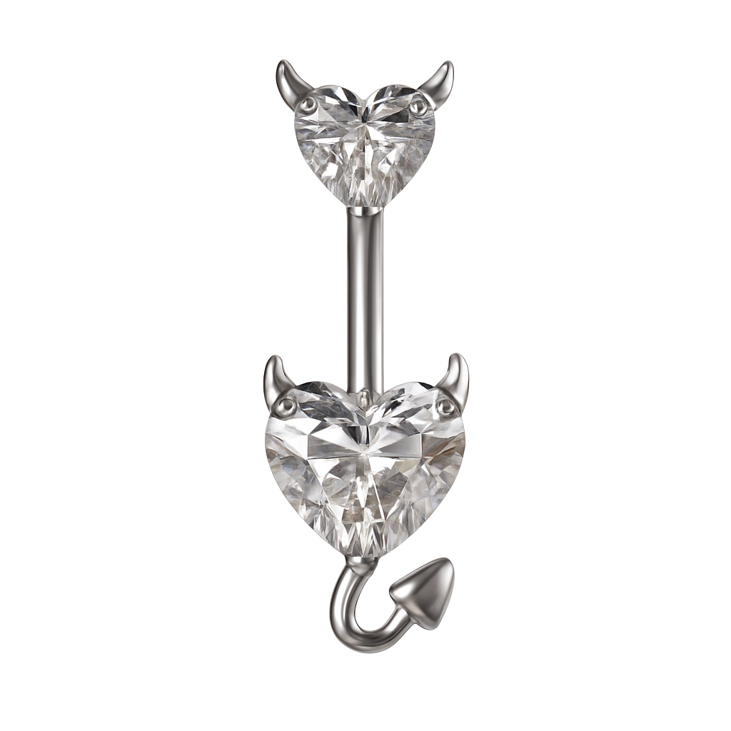Piercing nombril double cœur diable blanc doré — zircons cœur transparents