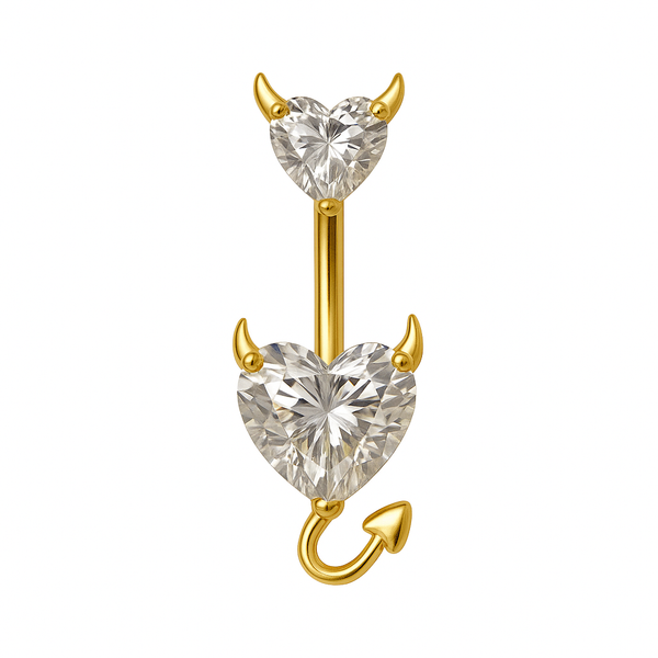 Piercing nombril double cœur diable blanc argenté — zircons cœur transparents
