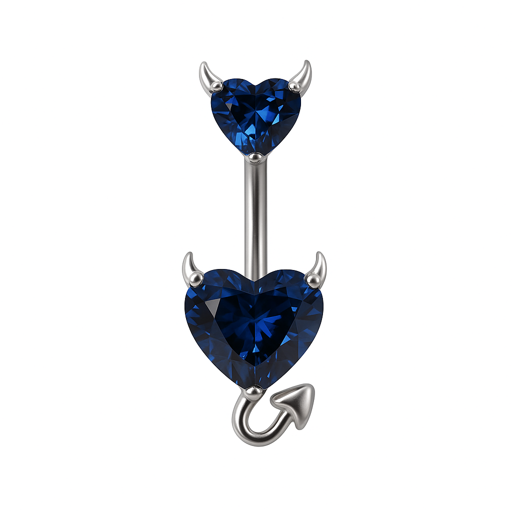 Piercing nombril double cœur diable bleu foncé argenté — cornes et queue