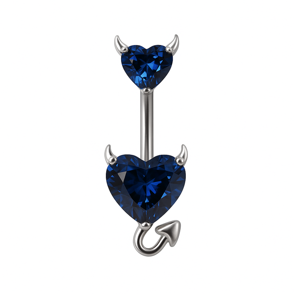 Piercing nombril double cœur diable bleu foncé argenté — cornes et queue