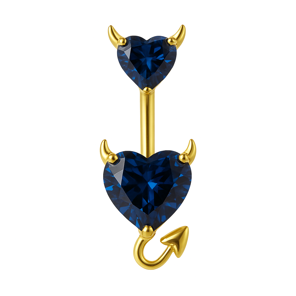 Piercing nombril double cœur diable bleu foncé doré — cornes et queue