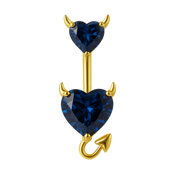 Piercing nombril double cœur diable bleu foncé doré — cornes et queue