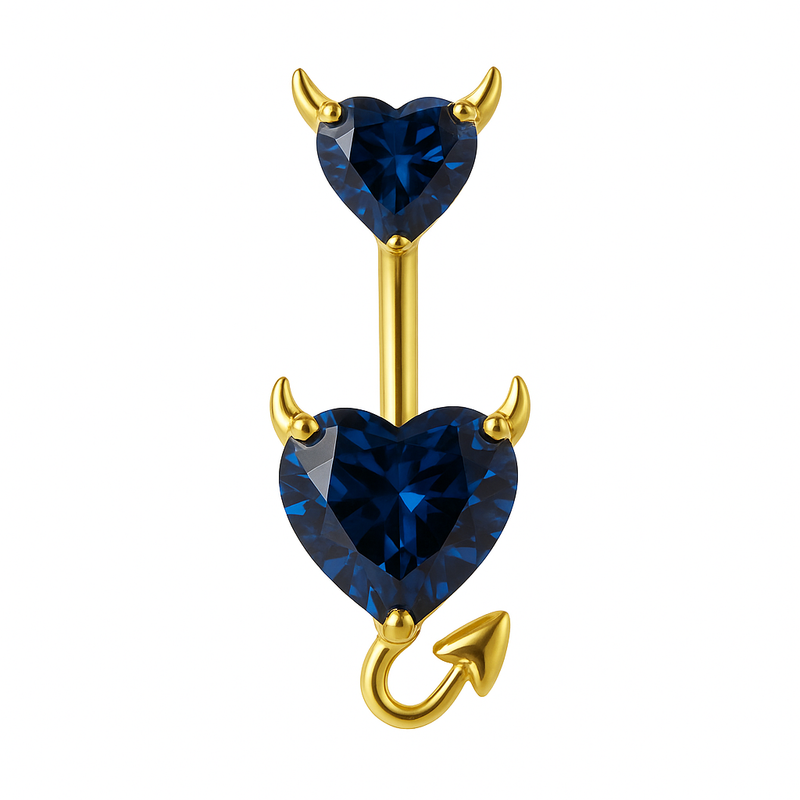 Piercing nombril double cœur diable bleu foncé doré — cornes et queue