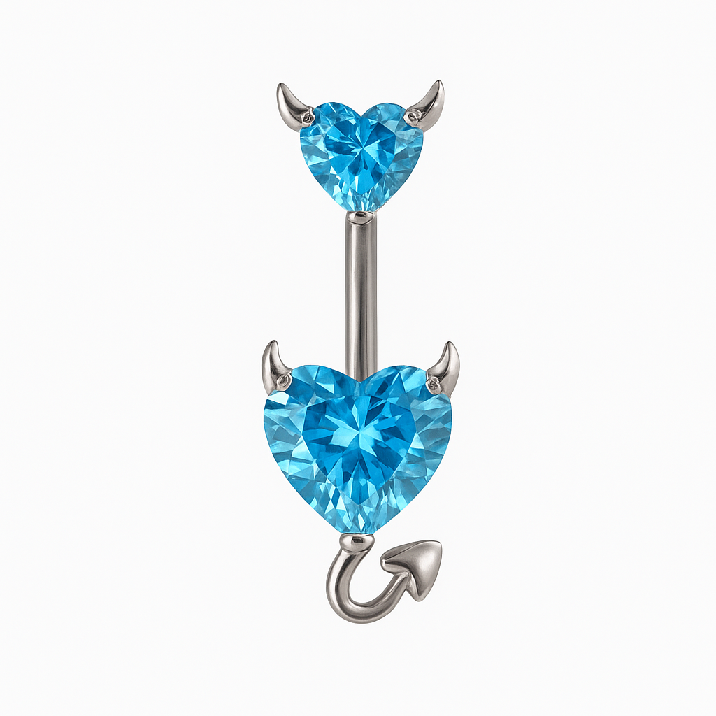 Piercing nombril double cœur diable bleu clair argenté — zircons aquamarine