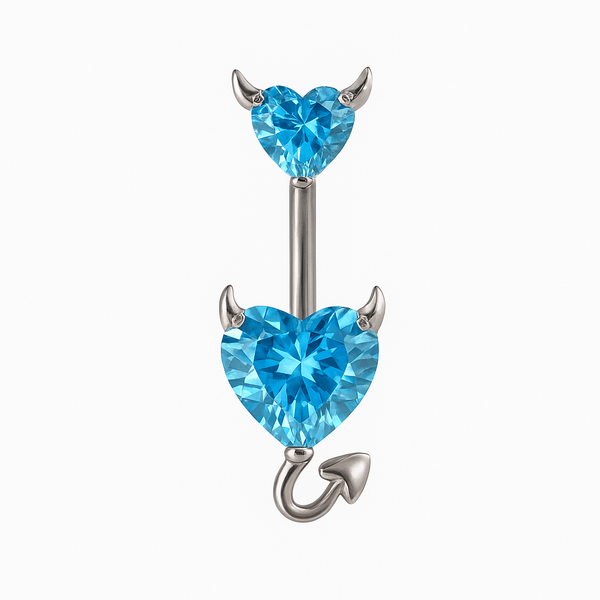 Piercing nombril double cœur diable bleu clair argenté — zircons aquamarine