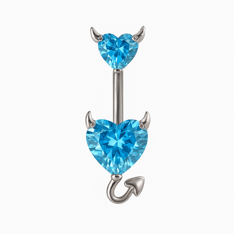 Piercing nombril double cœur diable bleu clair argenté — zircons aquamarine