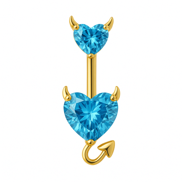 Piercing nombril double cœur diable bleu clair doré — zircons aquamarine