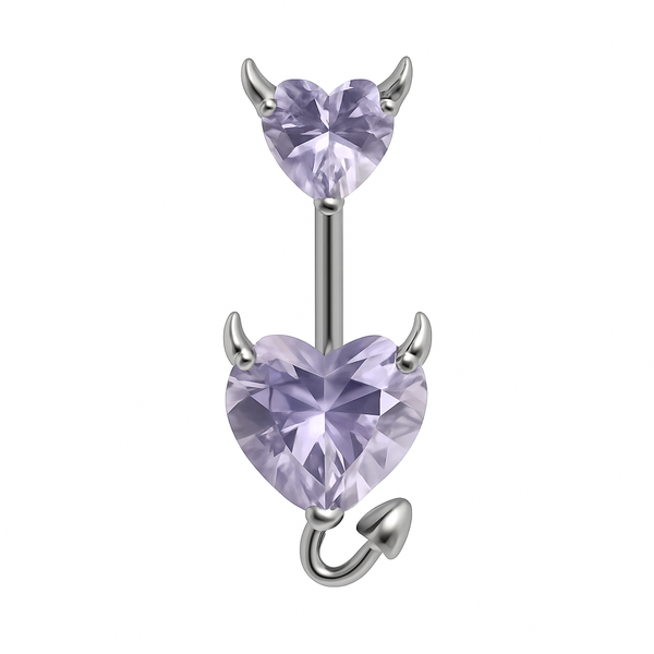 Piercing nombril double cœur diable violet argenté — zircons lavande