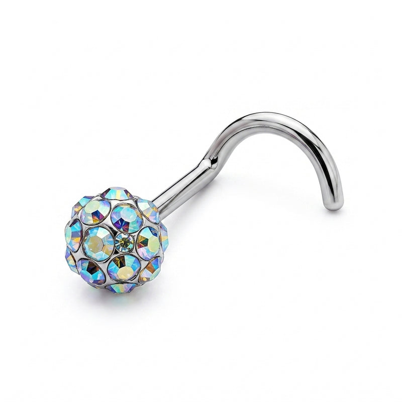 Vis nez argentee boule disco multi-strass arc-en-ciel irise — fond blanc