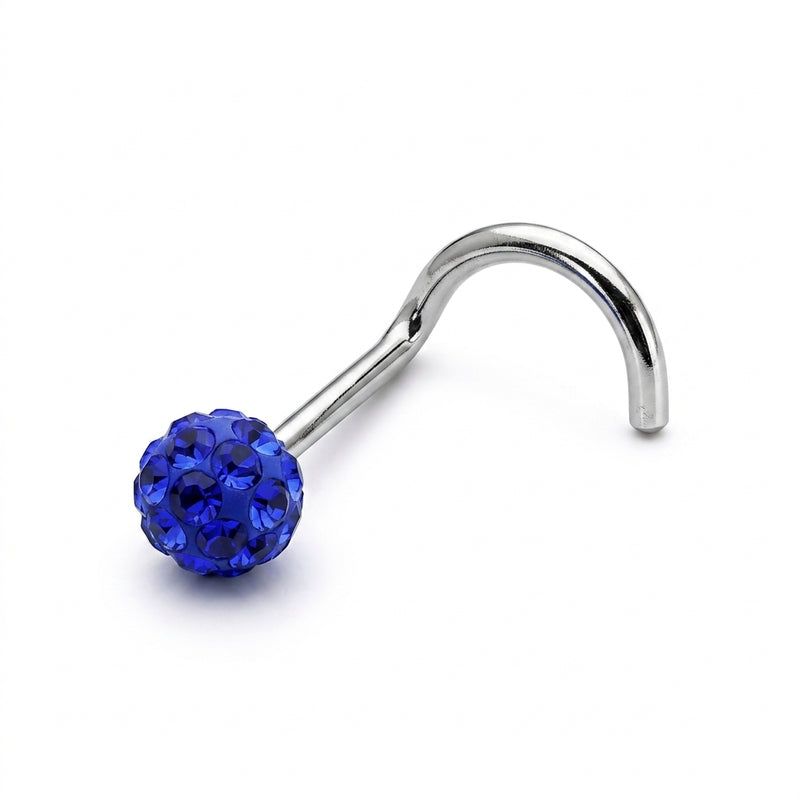 Vis nez argentee boule disco multi-strass bleu — fond blanc