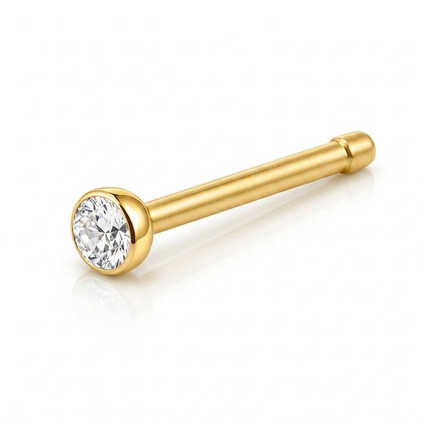 Tige droite nez doree zircon bezel rond — fond blanc