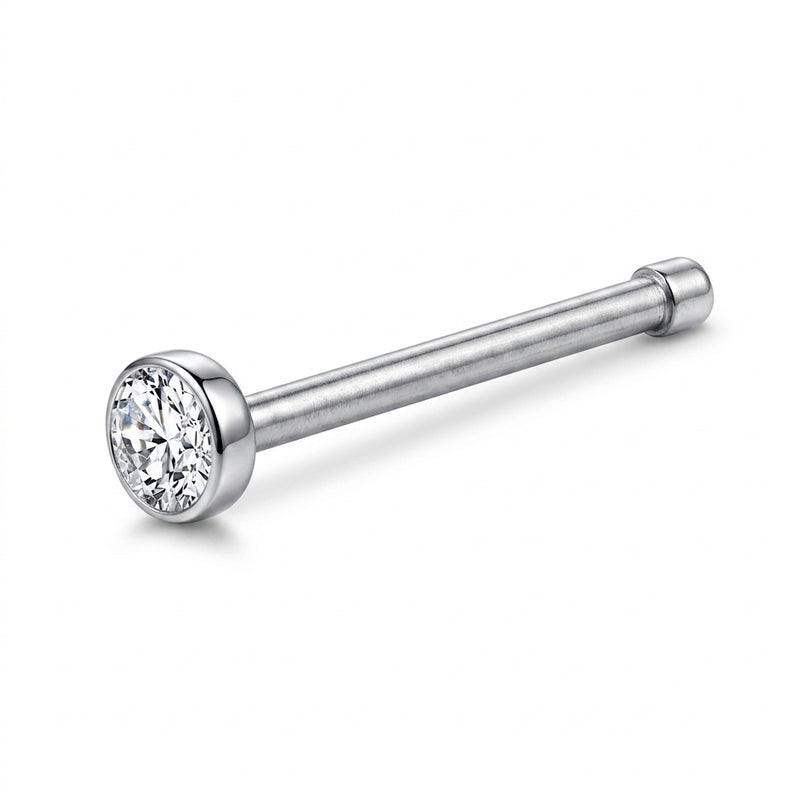 Tige droite nez argentee zircon bezel rond — fond blanc