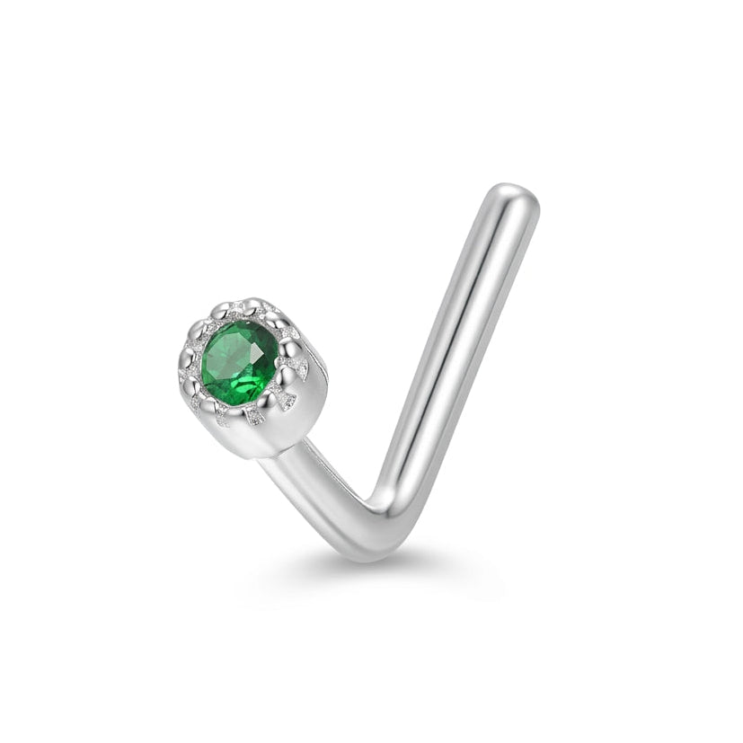 Clou en L argente zircon vert emeraude bezel milgrain — fond blanc