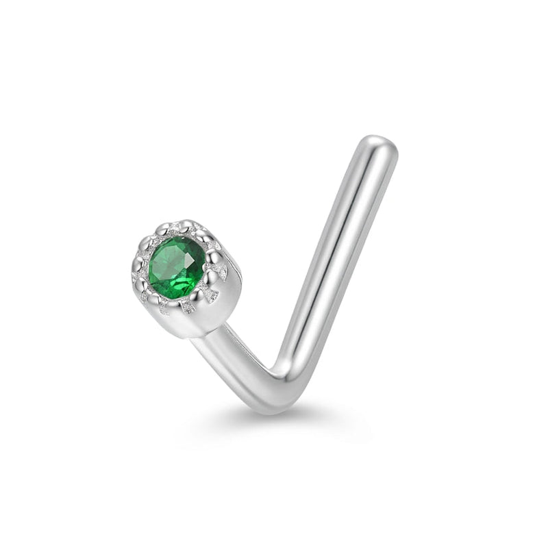 Clou en L argente zircon vert emeraude bezel milgrain — fond blanc