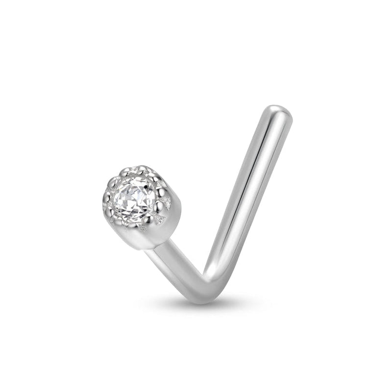 Clou en L argente zircon blanc bezel milgrain — fond blanc