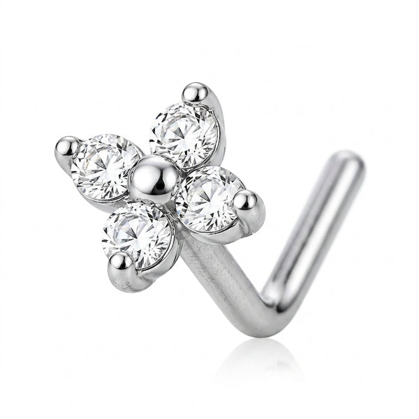 Clou en L argente fleur 4 petales zircons blancs — fond blanc