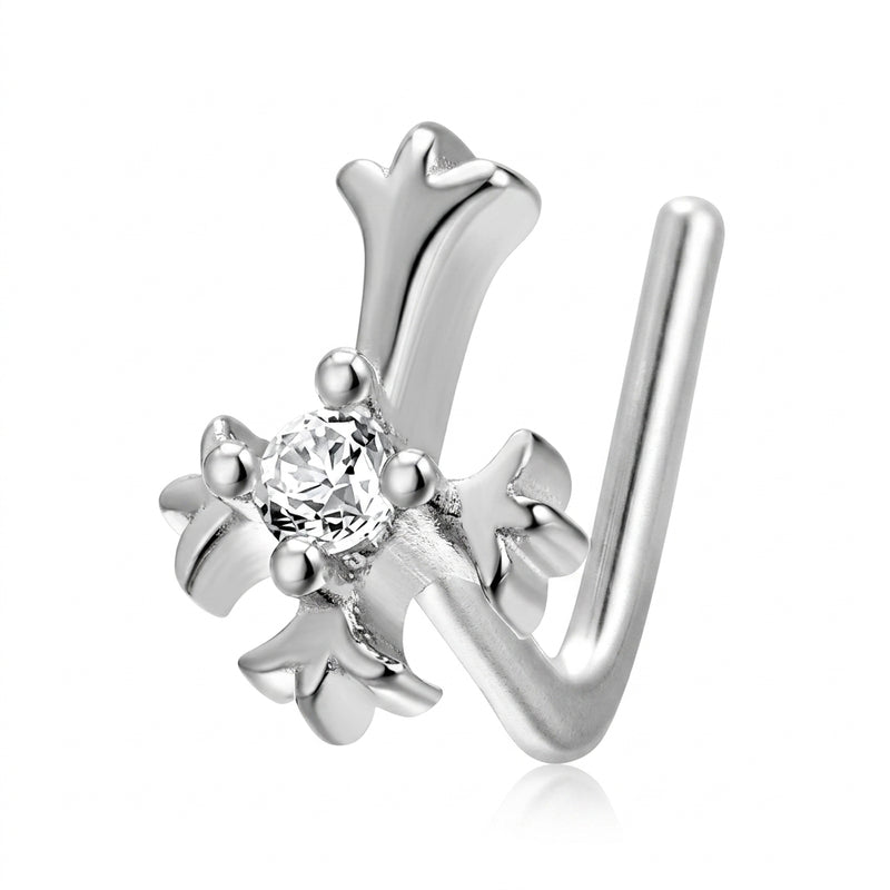 Clou en L argente croix florale baroque zircon central — fond blanc