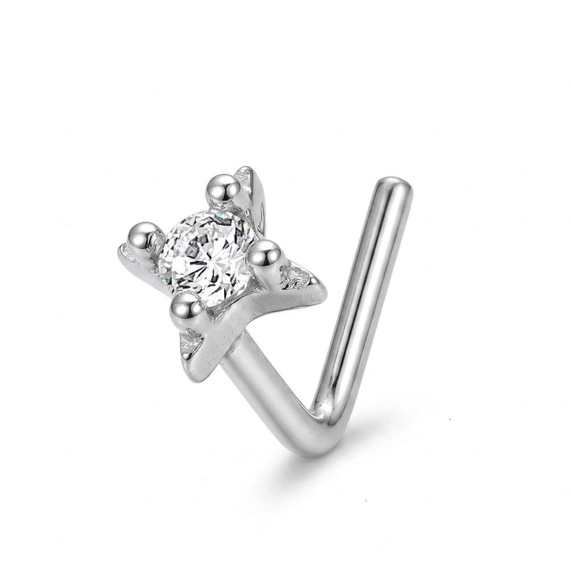 Clou en L argente etoile 4 branches boules zircon central — fond blanc