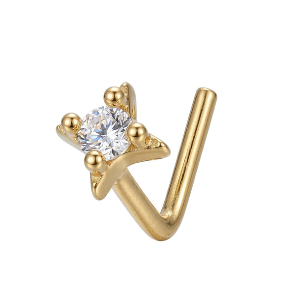 Clou en L dore etoile 4 branches boules zircon central — fond blanc