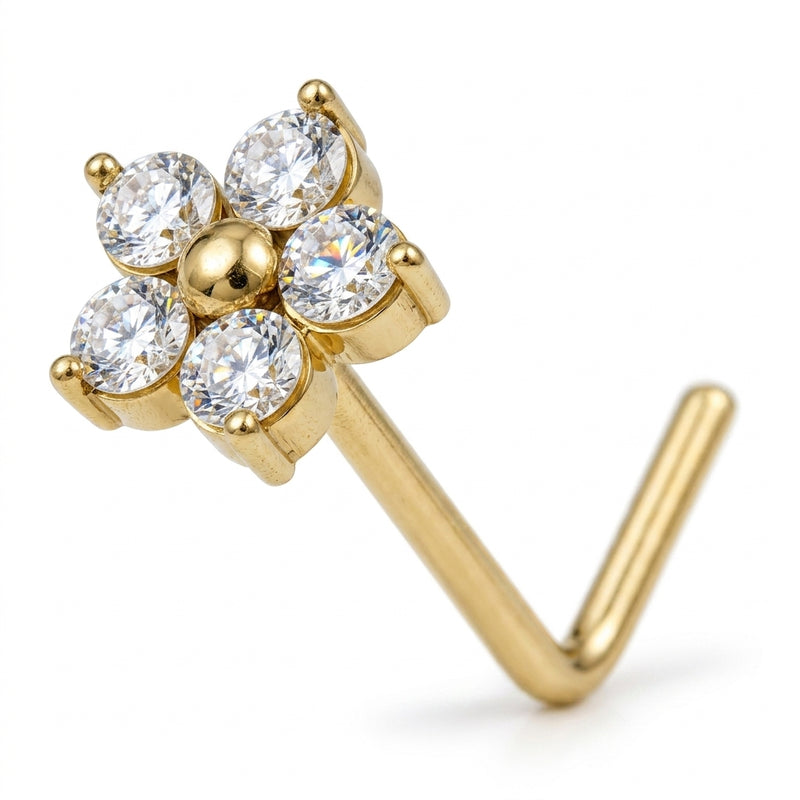 Clou en L dore fleur 4 petales zircons ronds boule centrale — fond blanc