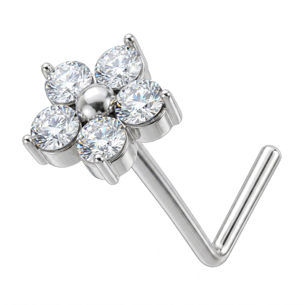 Clou en L argente fleur 4 petales zircons ronds boule centrale — fond blanc