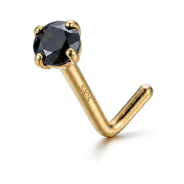 Clou en L argent S925 dore zircon noir solitaire — fond blanc