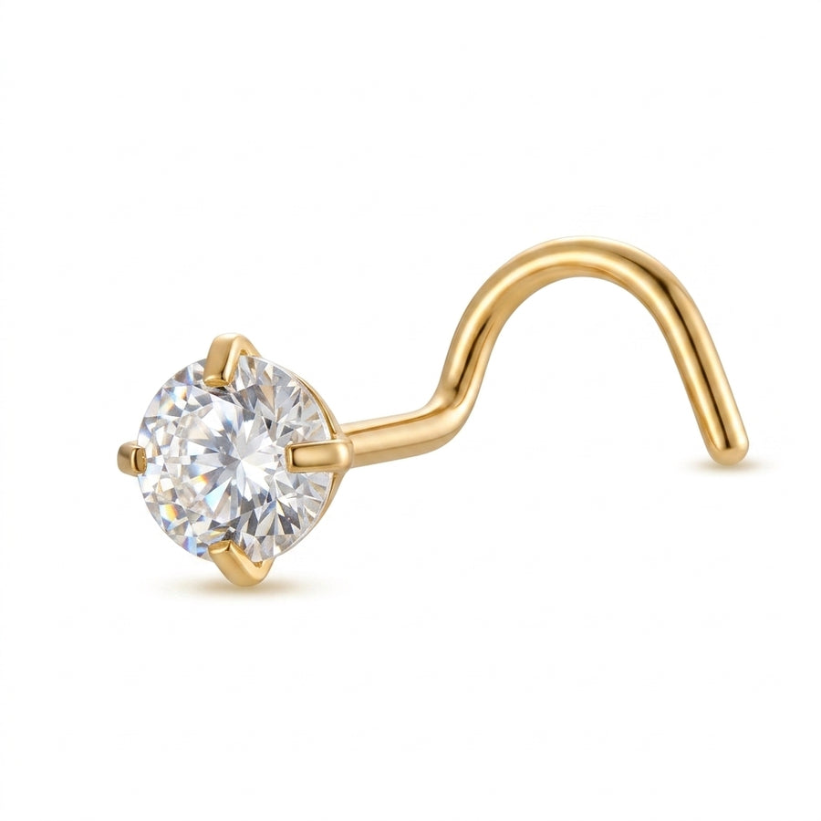 Vis nez doree solitaire zircon rond serti 4 griffes — fond blanc