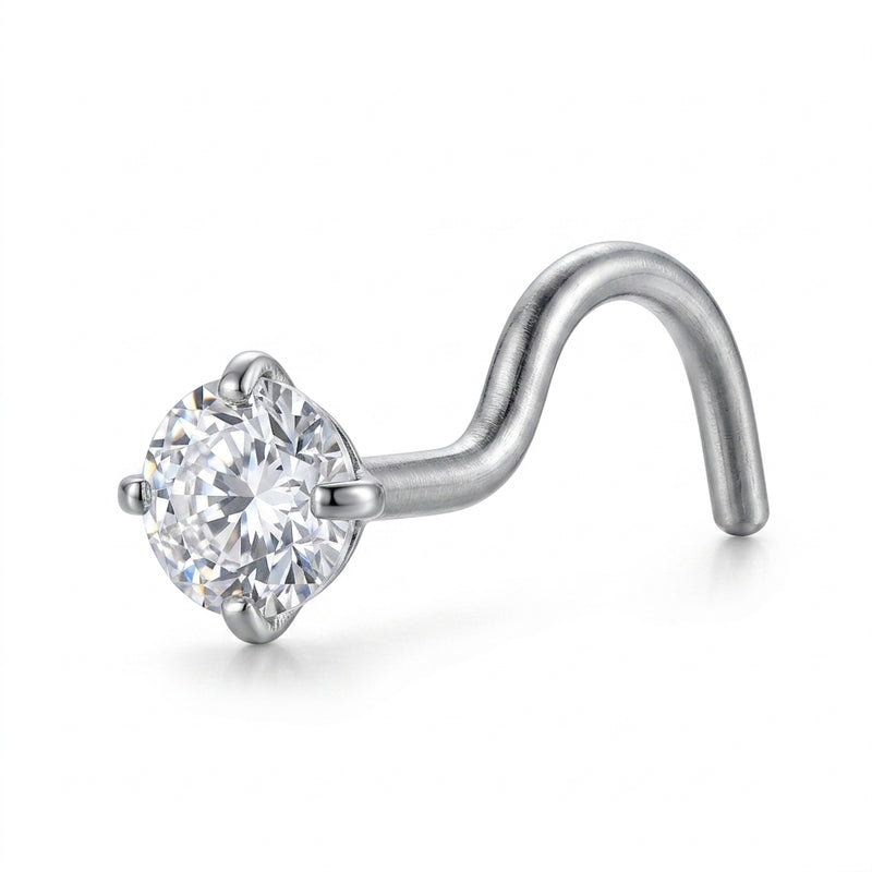 Vis nez argentee solitaire zircon rond serti 4 griffes — fond blanc
