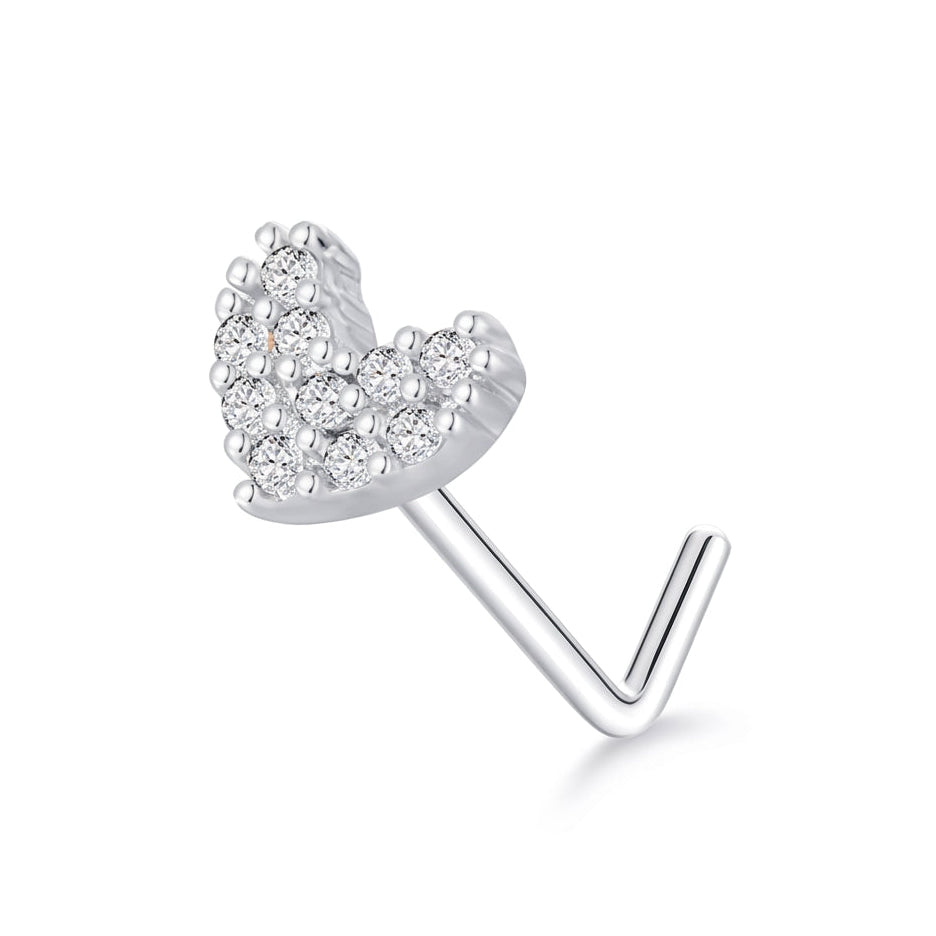 Clou en L argente coeur pave zircons blancs — fond blanc