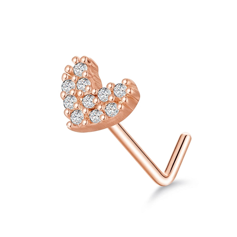 Clou en L or rose coeur pave zircons blancs — fond blanc