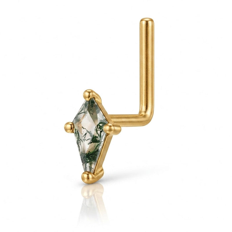 Clou en L dore pierre agate mousse kite losange verte naturelle — fond blanc