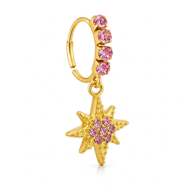 Anneau clicker dore arc zircons roses pendentif etoile 8 branches pave rose — fond blanc