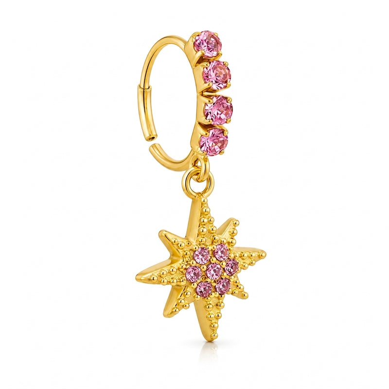 Anneau clicker dore arc zircons roses pendentif etoile 8 branches pave rose — fond blanc