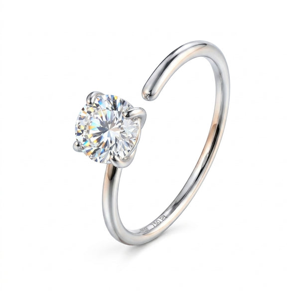 Anneau nez ouvert argente grand zircon rond brillant serti 4 griffes — fond blanc