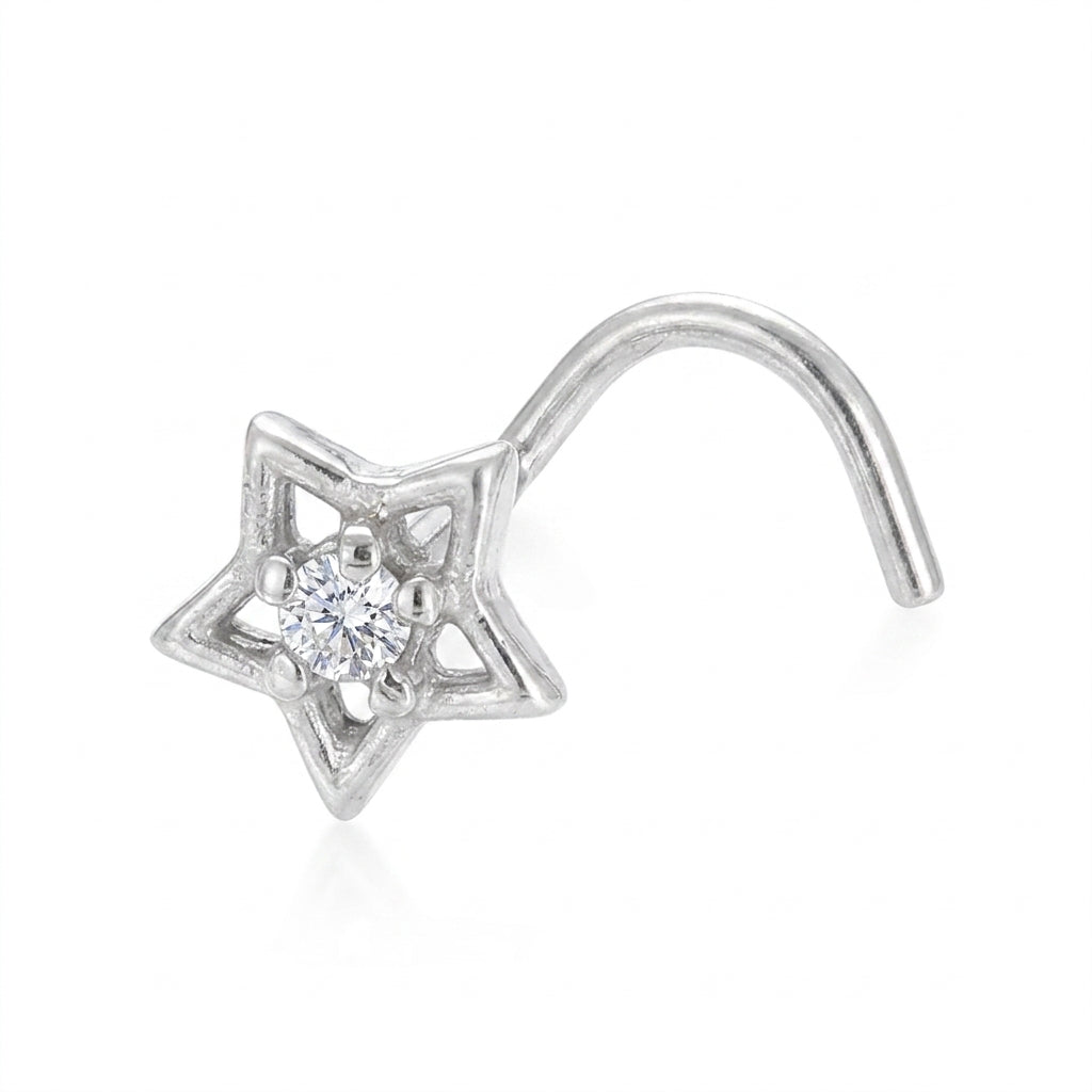 Clou nez argente etoile ajouree zircon central — fond blanc