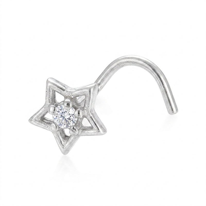 Clou nez argente etoile ajouree zircon central — fond blanc