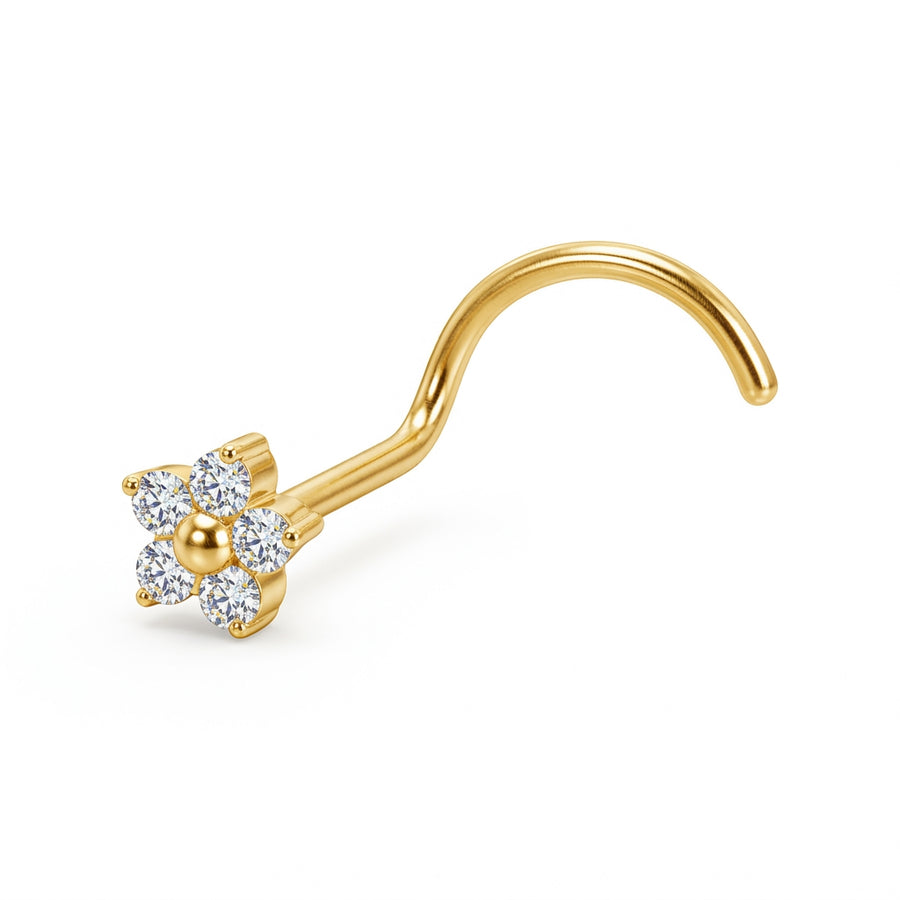 Vis nez doree fleur 5 petales zircons griffe boule centrale — fond blanc
