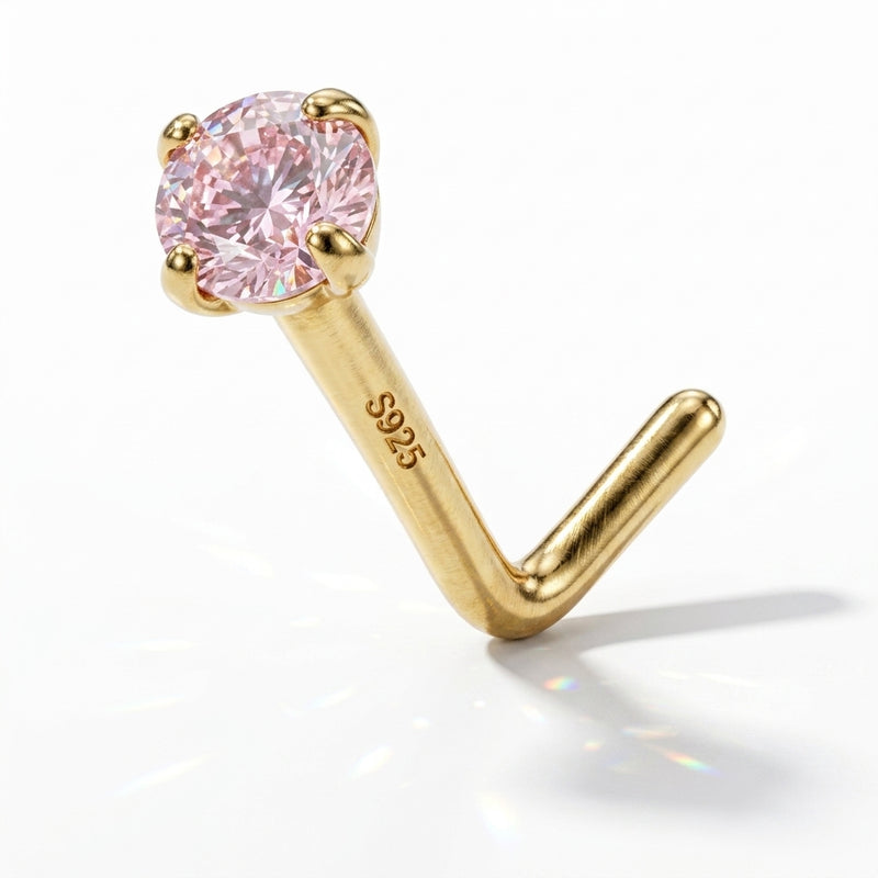 Clou en L argent S925 dore zircon rose clair solitaire — fond blanc