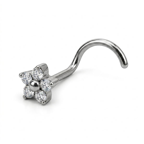 Vis nez argentee fleur 5 petales zircons — fond blanc