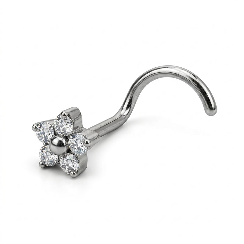 Vis nez argentee fleur 5 petales zircons — fond blanc