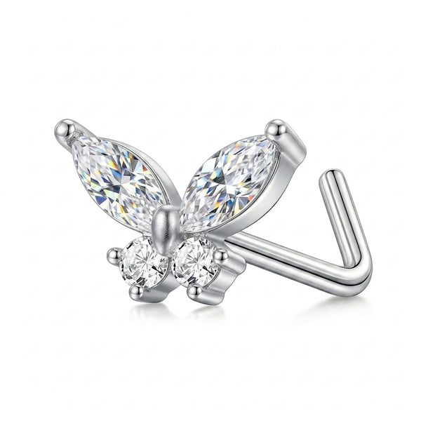 Clou en L argente papillon 2 ailes marquise zircon — fond blanc