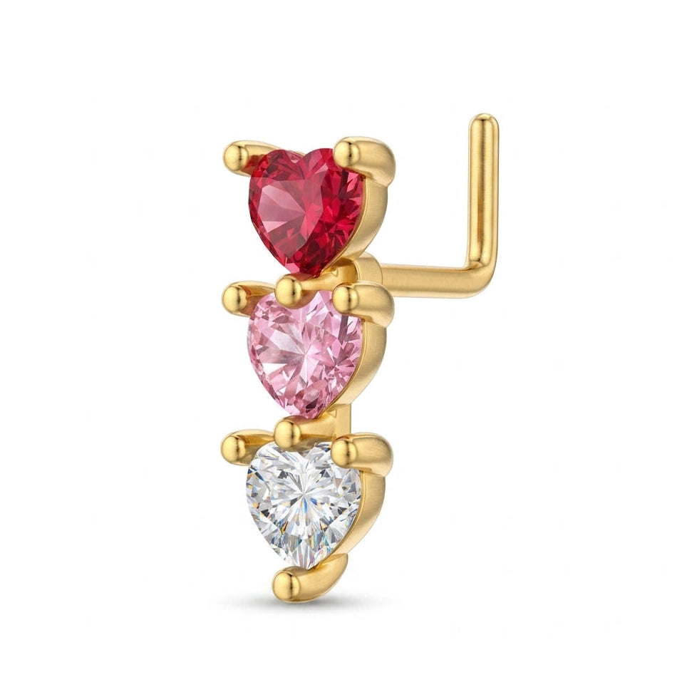 Clou en L dore 3 coeurs empiles zircons rouge rose blanc — fond blanc