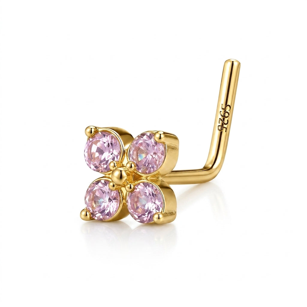 Clou en L dore fleur 4 petales zircons roses S925 — fond blanc